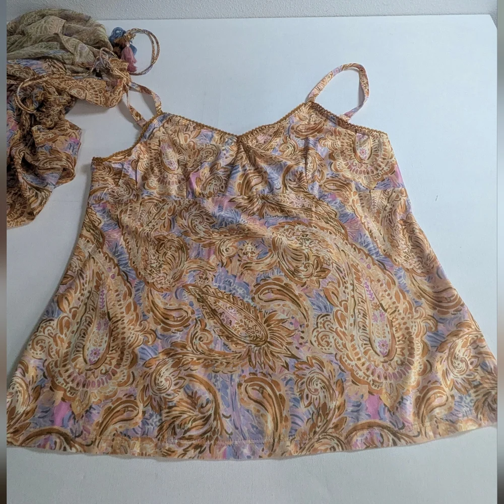 Democracy Womens Yellow Brown Paisley Sheer Peasant Top + Blouse Size L $88 EUC - Picture 13 of 13